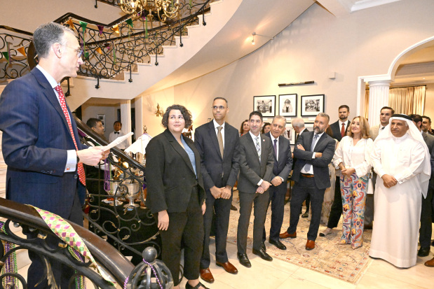 <p><em><strong>Mr Bondy, left, speaks at the event.</strong></em></p>
<p>A reception was hosted by US Ambassador Steven Bondy and wife Meghan to welcome the deputy chief of mission Elizabeth Litchfield and other embassy staff. The event held at the diplomat&rsquo;s Saar residence was attended by government officials, diplomats, business leaders, academics, artists and civil society representatives to work together to strengthen the bilateral relationship and close people-to-people ties amid the dynamic regional and international environment.</p>